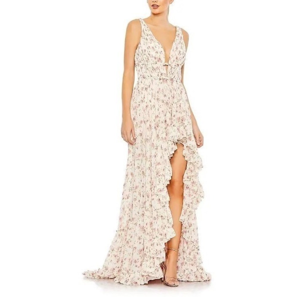 Mac Duggal Floral High Low Gown White Pink Ruffle Prom Party Dress Sz 12 New